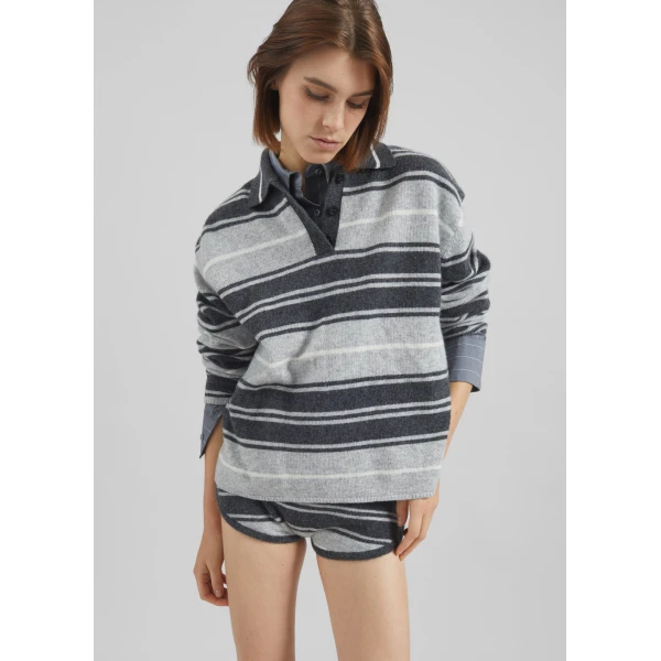 The Frankie Shop Belize Knit Polo Sweater – Grey Stripe, view 5
