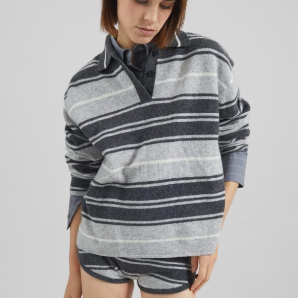 The Frankie Shop Belize Knit Polo Sweater - Grey Stripe - Oversized Minimalist Knitwear in Multicolour - Shop at Coveti