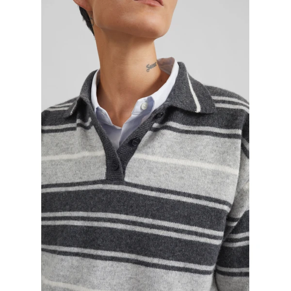 The Frankie Shop Belize Knit Polo Sweater – Grey Stripe, view 6
