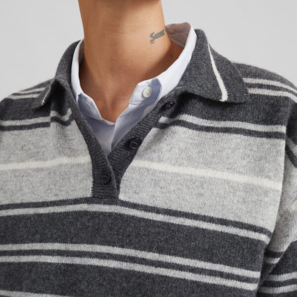 The Frankie Shop Belize Knit Polo Sweater - Grey Stripe - Oversized Minimalist Knitwear in Multicolour - Shop at Coveti