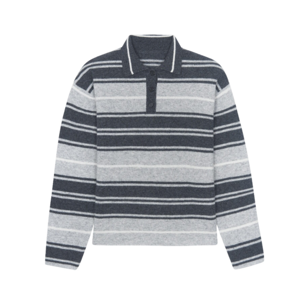 The Frankie Shop Belize Knit Polo Sweater - Grey Stripe - Oversized Minimalist Knitwear in Multicolour - Shop at Coveti