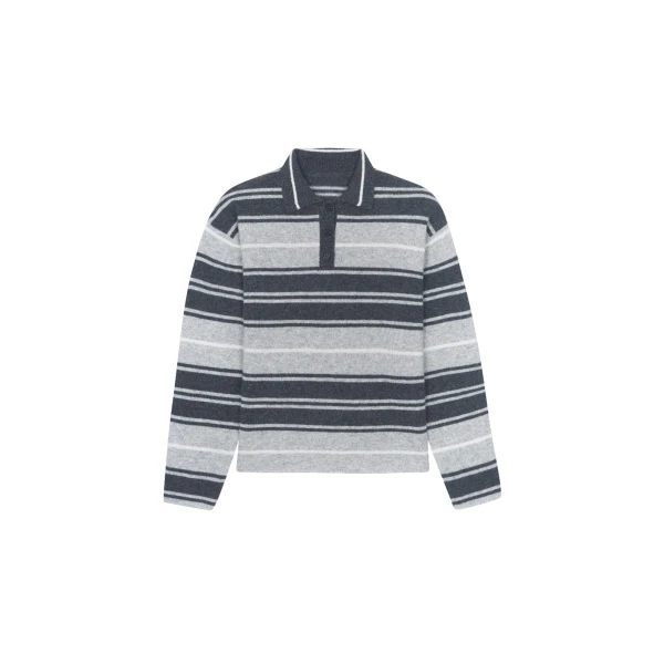 The Frankie Shop Belize Knit Polo Sweater - Grey Stripe - Oversized Minimalist Knitwear in Multicolour - Shop at Coveti