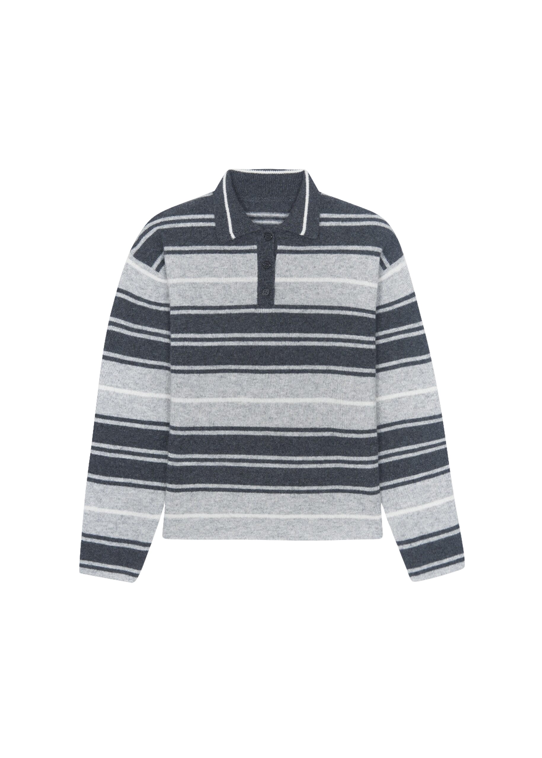 The Frankie Shop Belize Knit Polo Sweater - Grey Stripe - Oversized Minimalist Knitwear in Multicolour - Shop at Coveti