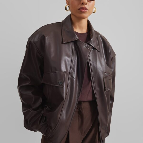 The Frankie Shop Belmont Faux Leather Jacket - Brown - Oversized Minimalist Jackets in Beige - Shop at Coveti