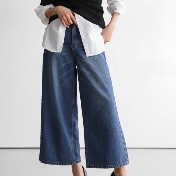 The Frankie Shop Besdon Denim Culottes - Medium Wash - Oversized Minimalist Pants in Grey - Shop at Coveti