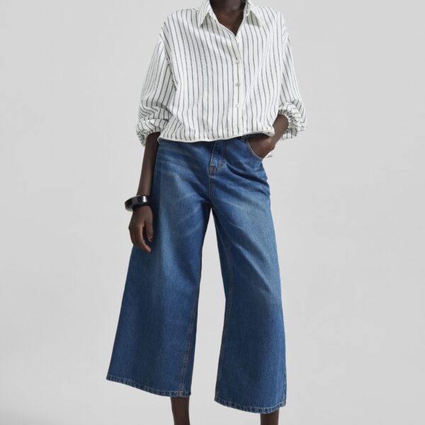 The Frankie Shop Besdon Denim Culottes - Medium Wash - Oversized Minimalist Pants in Grey - Shop at Coveti
