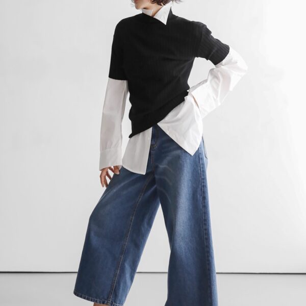 The Frankie Shop Besdon Denim Culottes - Medium Wash - Oversized Minimalist Pants in Grey - Shop at Coveti
