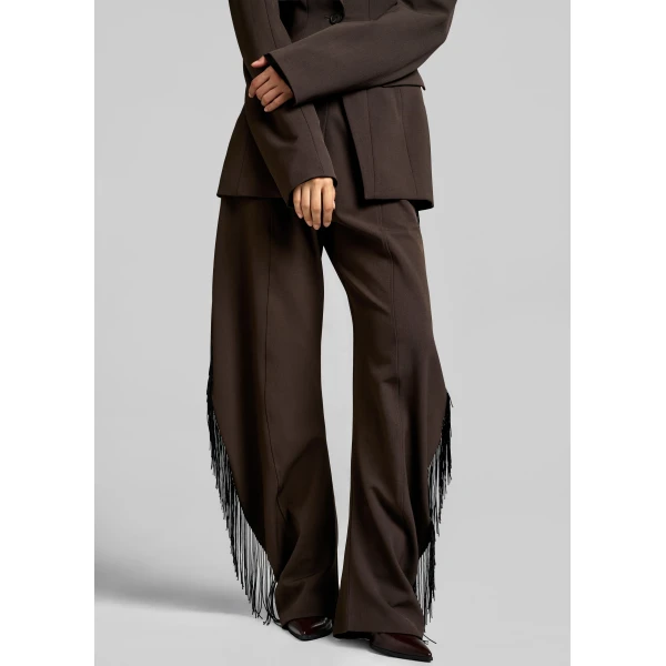 The Frankie Shop Bianca Fringed Barrel Leg Pants – Brown, view 2