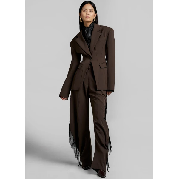 The Frankie Shop Bianca Fringed Barrel Leg Pants – Brown, view 3