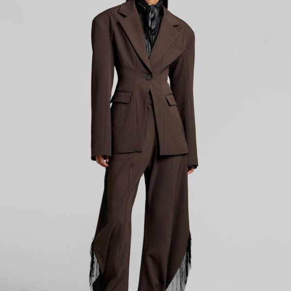 The Frankie Shop Bianca Fringed Barrel Leg Pants - Brown - Oversized Minimalist Pants in Beige - Shop at Coveti