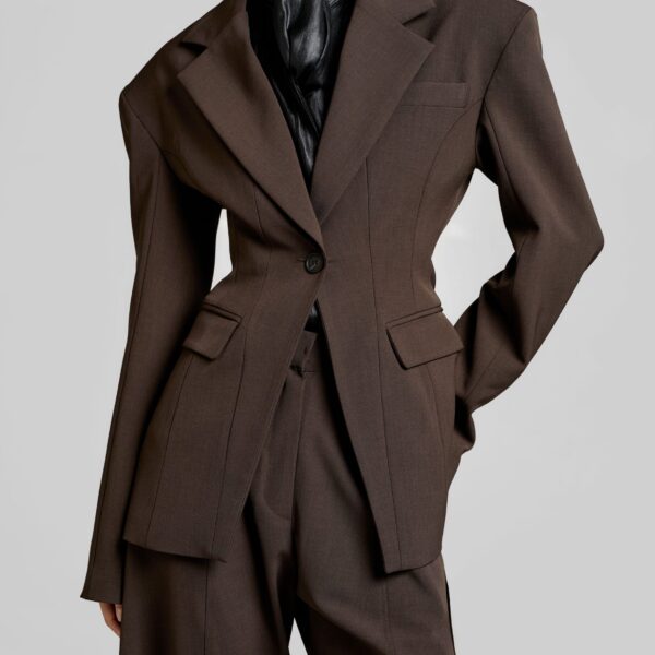 The Frankie Shop Bianca Hourglass Blazer - Brown - Oversized Minimalist Jackets in Beige - Shop at Coveti