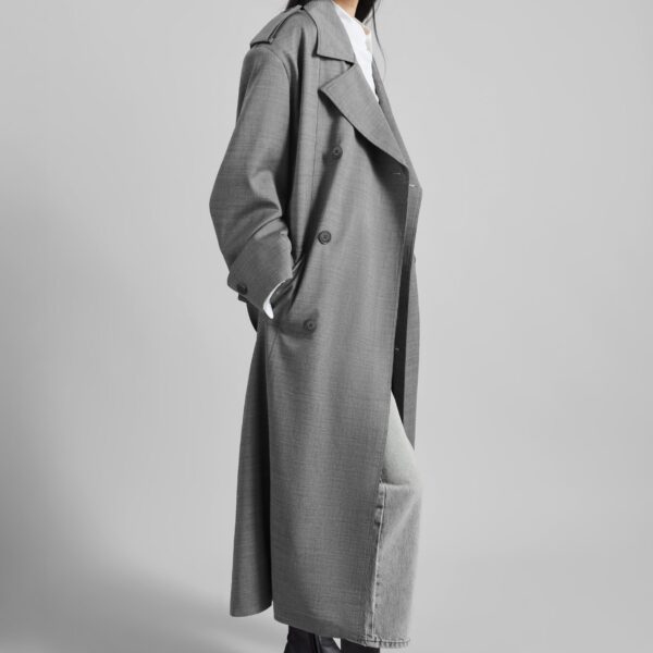 The Frankie Shop Bleecker Trench Coat - Grey Melange - Oversized Minimalist Coats in Grey - Shop at Coveti