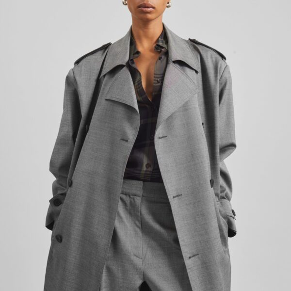 The Frankie Shop Bleecker Trench Coat - Grey Melange - Oversized Minimalist Coats in Grey - Shop at Coveti