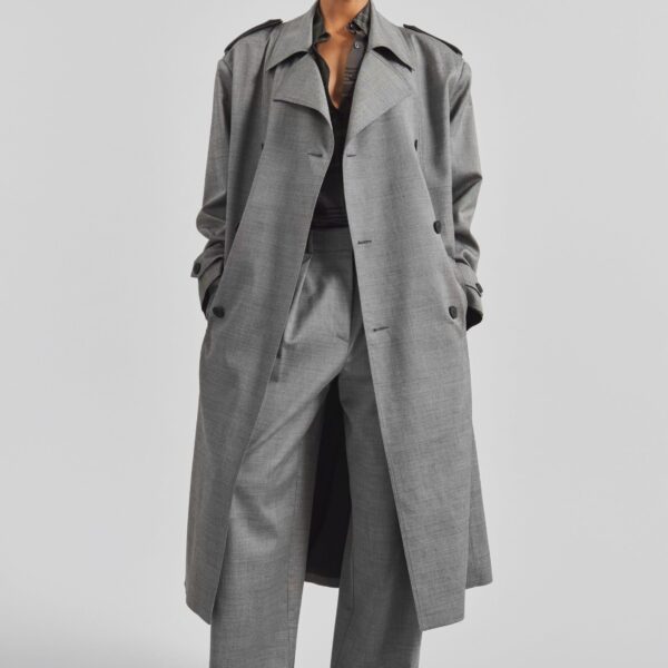 The Frankie Shop Bleecker Trench Coat - Grey Melange - Oversized Minimalist Coats in Grey - Shop at Coveti