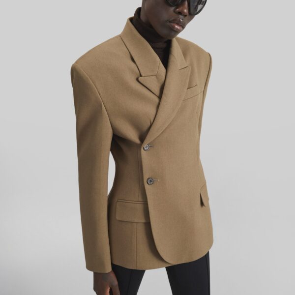 The Frankie Shop Blerick Crossover Blazer - Camel - Oversized Minimalist Jackets in Beige - Shop at Coveti