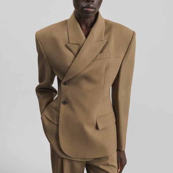 The Frankie Shop Blerick Crossover Blazer - Camel - Oversized Minimalist Jackets in Beige - Shop at Coveti