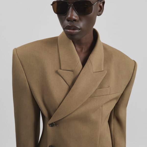 The Frankie Shop Blerick Crossover Blazer - Camel - Oversized Minimalist Jackets in Beige - Shop at Coveti