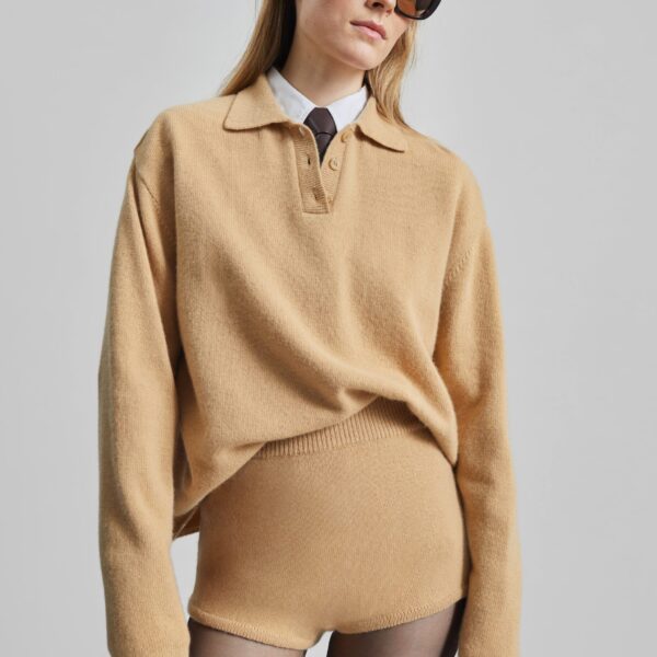 The Frankie Shop Bresica Knit Hot Pants - Camel - Oversized Minimalist Shorts in Beige - Shop at Coveti