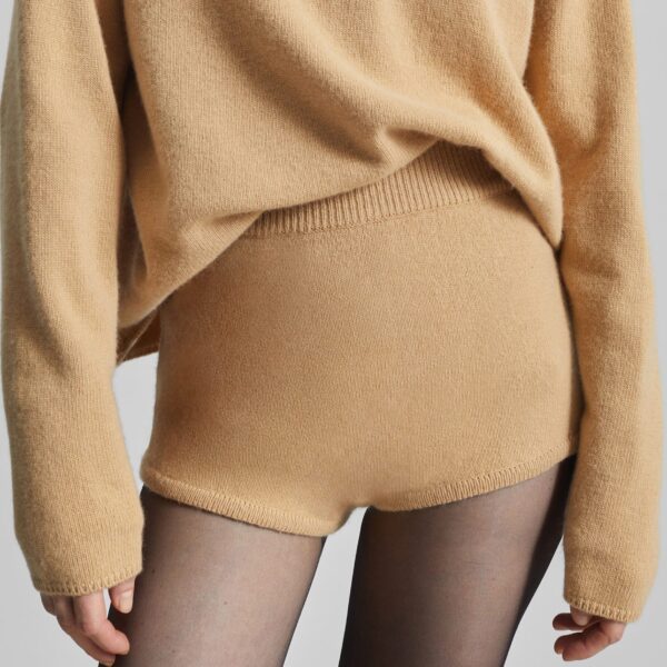 The Frankie Shop Bresica Knit Hot Pants - Camel - Oversized Minimalist Shorts in Beige - Shop at Coveti
