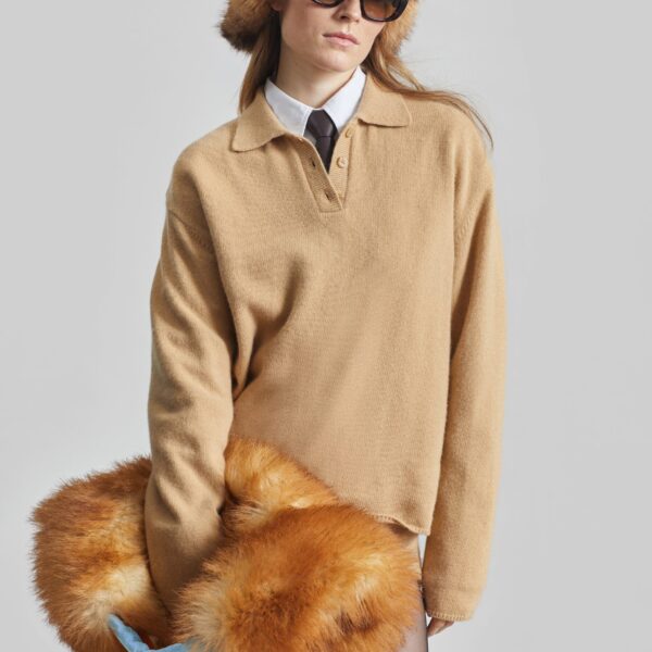 The Frankie Shop Bresica Knit Polo Sweater - Camel - Oversized Minimalist Knitwear in Beige - Shop at Coveti