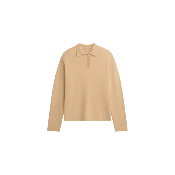 The Frankie Shop Bresica Knit Polo Sweater - Camel - Oversized Minimalist Knitwear in Beige - Shop at Coveti