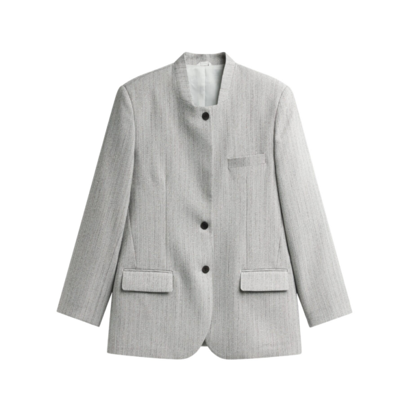 The Frankie Shop Breux Collarless Padded Blazer - Grey Melange - Oversized Minimalist Jackets in Grey - Shop at Coveti