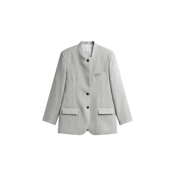 The Frankie Shop Breux Collarless Padded Blazer - Grey Melange - Oversized Minimalist Jackets in Grey - Shop at Coveti