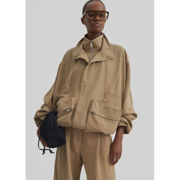 The Frankie Shop Breya Linen Fluid Jacket - Camel - Oversized Minimalist Jackets in Beige - Shop at Coveti