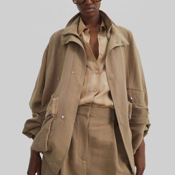The Frankie Shop Breya Linen Fluid Jacket - Camel - Oversized Minimalist Jackets in Beige - Shop at Coveti