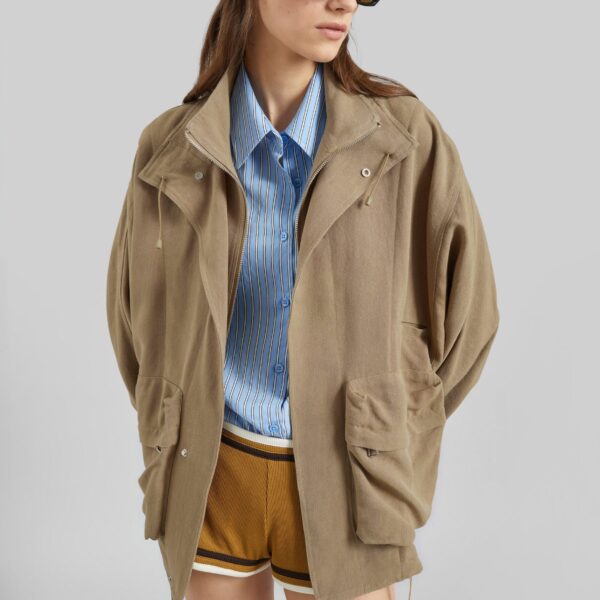 The Frankie Shop Breya Linen Fluid Jacket - Camel - Oversized Minimalist Jackets in Beige - Shop at Coveti