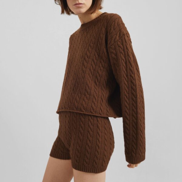 The Frankie Shop Brisbane Knit Mini Shorts - Brown - Oversized Minimalist Shorts in Beige - Shop at Coveti