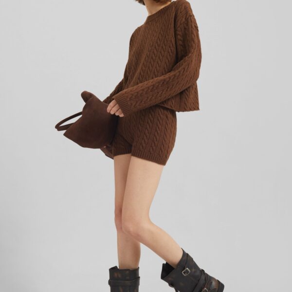 The Frankie Shop Brisbane Knit Mini Shorts - Brown - Oversized Minimalist Shorts in Beige - Shop at Coveti