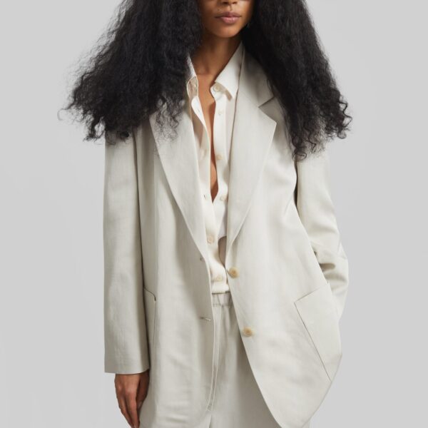 The Frankie Shop Bruna Linen Soft Blazer - Light Beige - Oversized Minimalist Jackets in Beige - Shop at Coveti