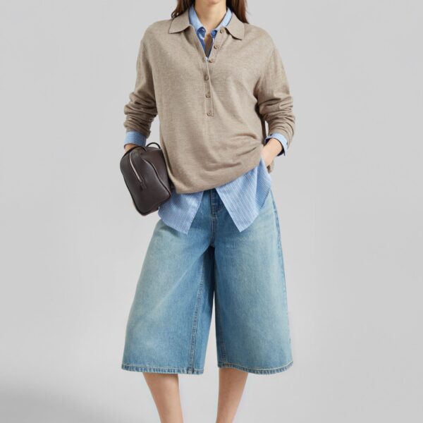 The Frankie Shop Brunoy Denim Culottes - Light Wash - Oversized Minimalist Shorts in Grey - Shop at Coveti