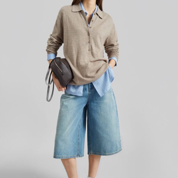 The Frankie Shop Brunoy Denim Culottes - Light Wash - Oversized Minimalist Shorts in Grey - Shop at Coveti