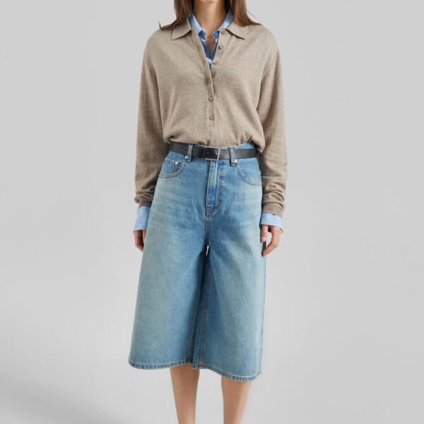 The Frankie Shop Brunoy Denim Culottes - Light Wash - Oversized Minimalist Shorts in Grey - Shop at Coveti