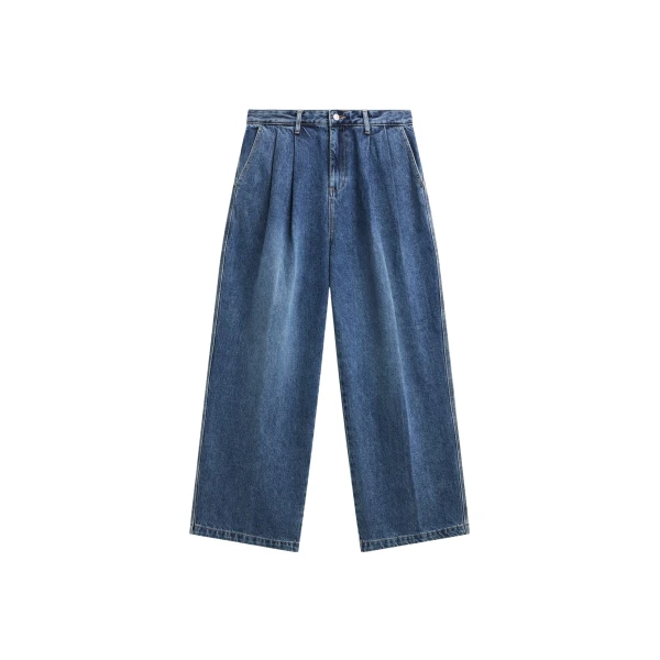 The Frankie Shop Buxton Pleated Wide Jeans - Medium Wash - Oversized Minimalist Pants in Grey - Shop at Coveti