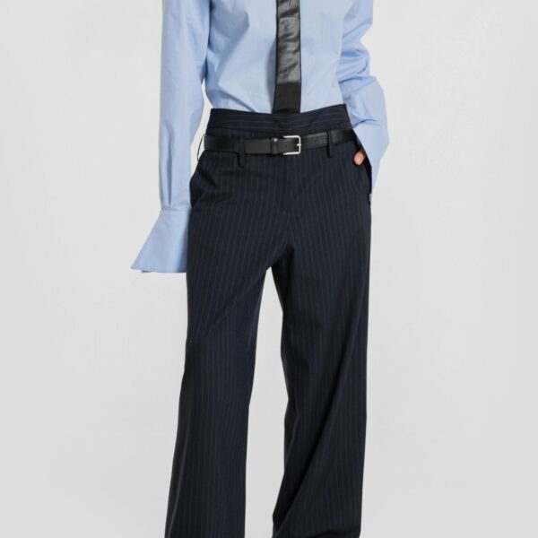 The Frankie Shop Camlez Low Belt Loop Trousers - Navy Pinstripe - Oversized Minimalist Pants in Multicolour - Shop at Coveti