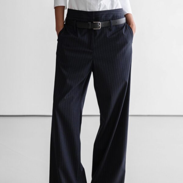 The Frankie Shop Camlez Low Belt Loop Trousers - Navy Pinstripe - Oversized Minimalist Pants in Multicolour - Shop at Coveti