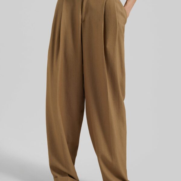 The Frankie Shop Canberra Pleated Trousers - Camel - Oversized Minimalist Pants in Beige - Shop at Coveti