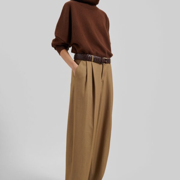 The Frankie Shop Canberra Pleated Trousers - Camel - Oversized Minimalist Pants in Beige - Shop at Coveti