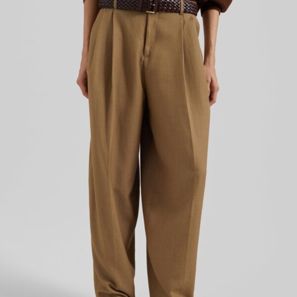 The Frankie Shop Canberra Pleated Trousers - Camel - Oversized Minimalist Pants in Beige - Shop at Coveti