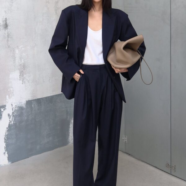 The Frankie Shop Canmore Pleated Trousers - Navy - Oversized Minimalist Pants in Blue - Shop at Coveti