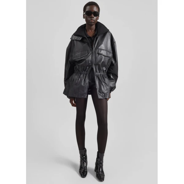 The Frankie Shop Carnaby Funnel Neck Leather Jacket – Black, view 2