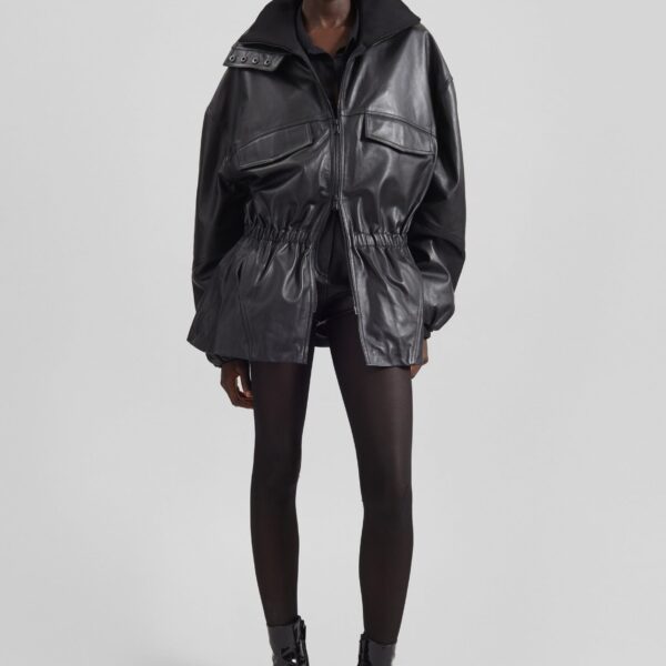 The Frankie Shop Carnaby Funnel Neck Leather Jacket - Black - Oversized Minimalist Jackets in Black - Shop at Coveti