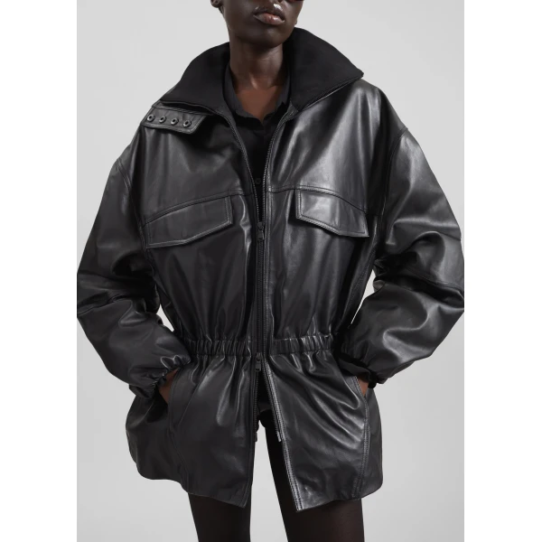The Frankie Shop Carnaby Funnel Neck Leather Jacket – Black, view 3
