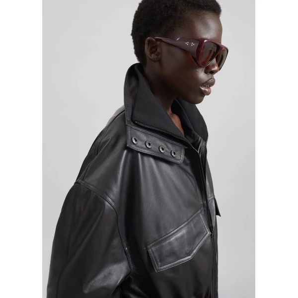 The Frankie Shop Carnaby Funnel Neck Leather Jacket – Black, view 4