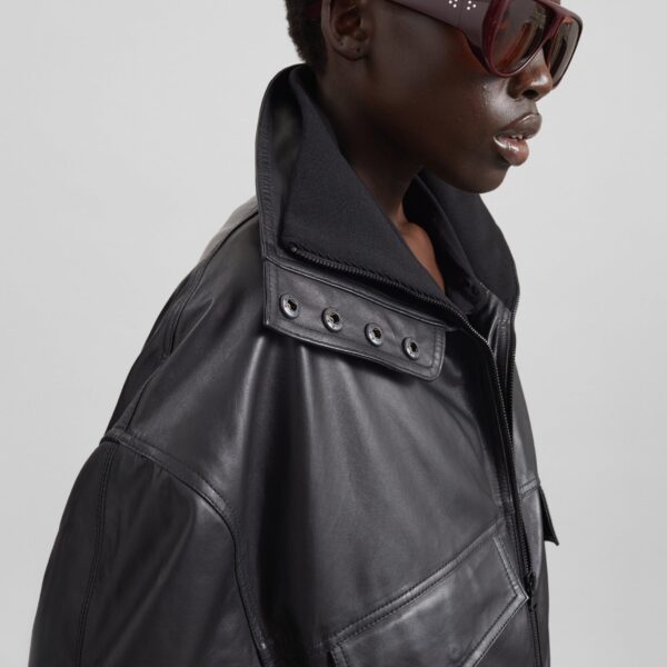The Frankie Shop Carnaby Funnel Neck Leather Jacket - Black - Oversized Minimalist Jackets in Black - Shop at Coveti