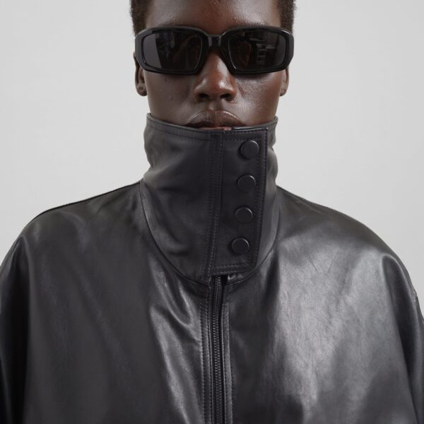 The Frankie Shop Carnaby Funnel Neck Leather Jacket - Black - Oversized Minimalist Jackets in Black - Shop at Coveti