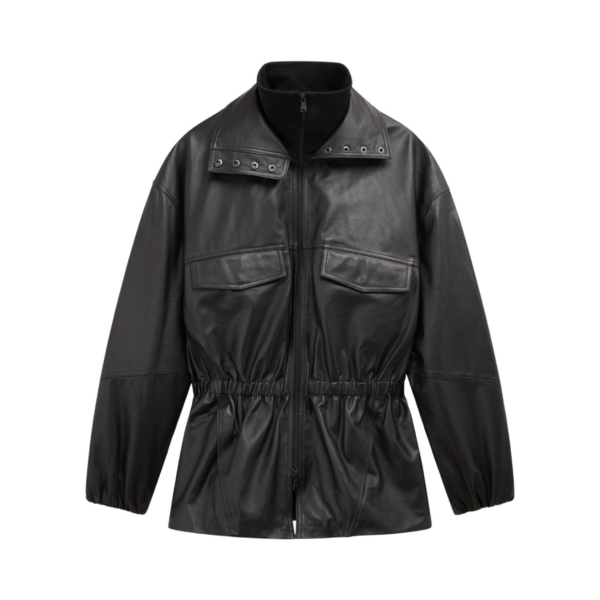 The Frankie Shop Carnaby Funnel Neck Leather Jacket - Black - Oversized Minimalist Jackets in Black - Shop at Coveti